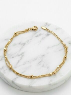 14K Gold Plated Double Layer Bracelet | Sequin Chain & Snake Chain with Beads